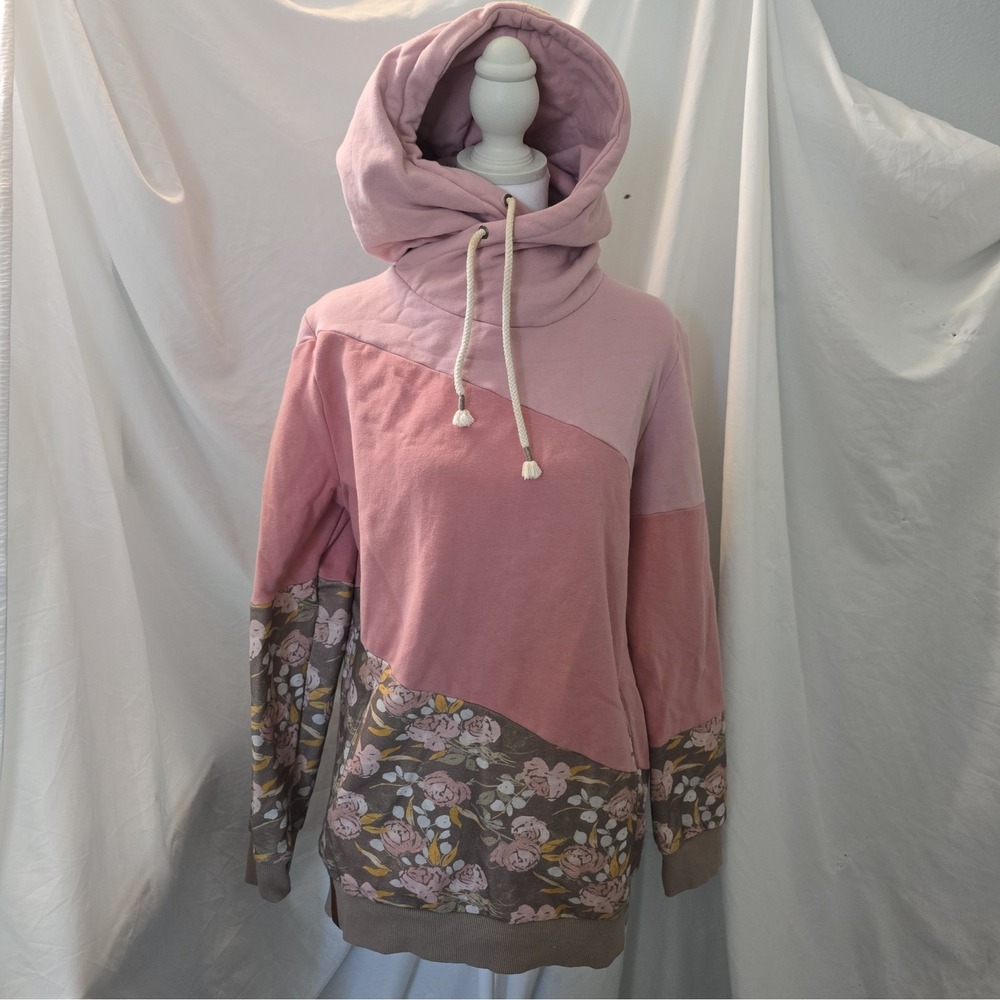 Ampersand Avenue Colorblock & Floral DoubleHood Sweatshirt Cottagecore Sz XL